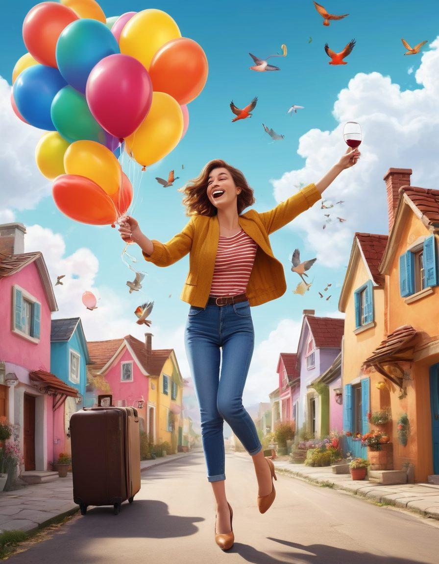 A whimsical illustration featuring a cheerful person dancing with a wine bottle in one hand and a suitcase in the other, surrounded by colorful balloons and playful cartoon-style houses. The background shows a sunny sky with soft clouds and birds, symbolizing joy and movement. Incorporate elements like wine glasses clinking and arrows pointing towards a colorful map. Style it in vibrant colors with a light-hearted, joyful vibe. cartoon art. vibrant colors.