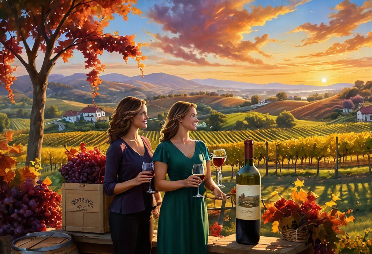 An elegant vineyard scene with lush grapevines on rolling hills, transitioning into a cozy, welcoming home filled with moving boxes and wine bottles. Incorporate a cheerful couple enjoying a glass of wine outside their new home, surrounded by vibrant autumn colors. The sky is clear with a warm sunset glow to evoke a feeling of happiness and new beginnings. super-realistic. vibrant colors.