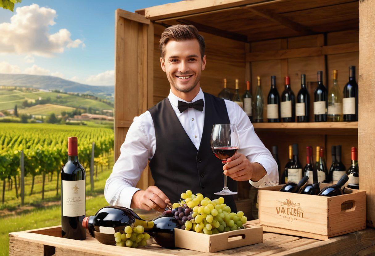 A cheerful scene featuring a friendly wine sommelier pouring wine into elegant glasses, surrounded by crates of fine wines, with a backdrop of a picturesque vineyard and sunny skies. Add elements of laughter and joy, such as cartoonish wine bottles with smiling faces and whimsical decorations. Capture the essence of efficiency with a moving truck in the distance, hinting at swift relocation. vibrant colors. super-realistic.